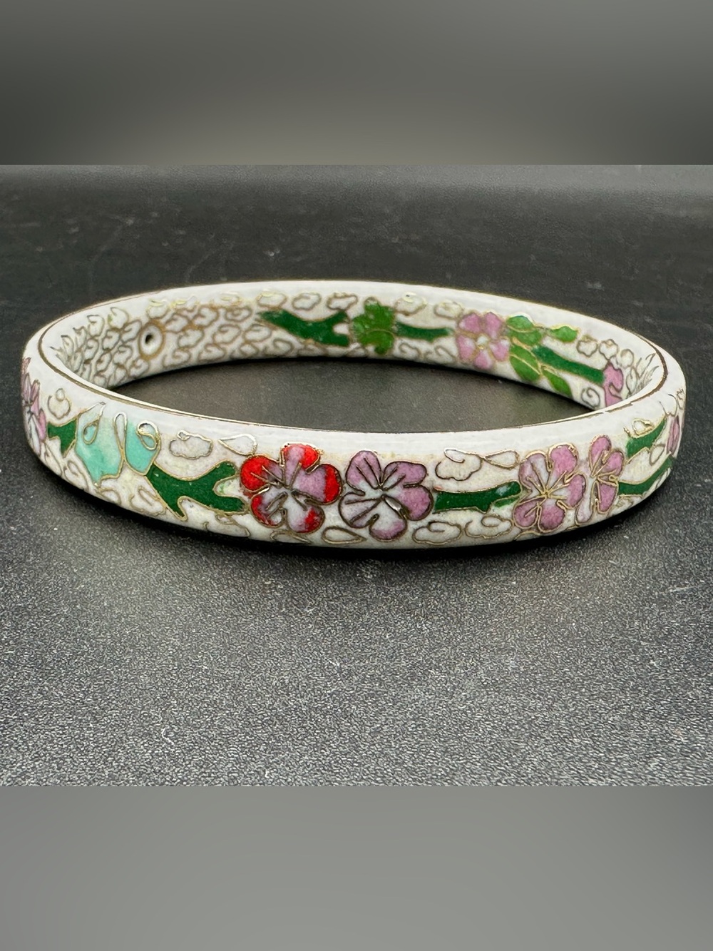 Vintage Chinese Cloisonné White Floral Enamel Bangle Bracelet 2.6"